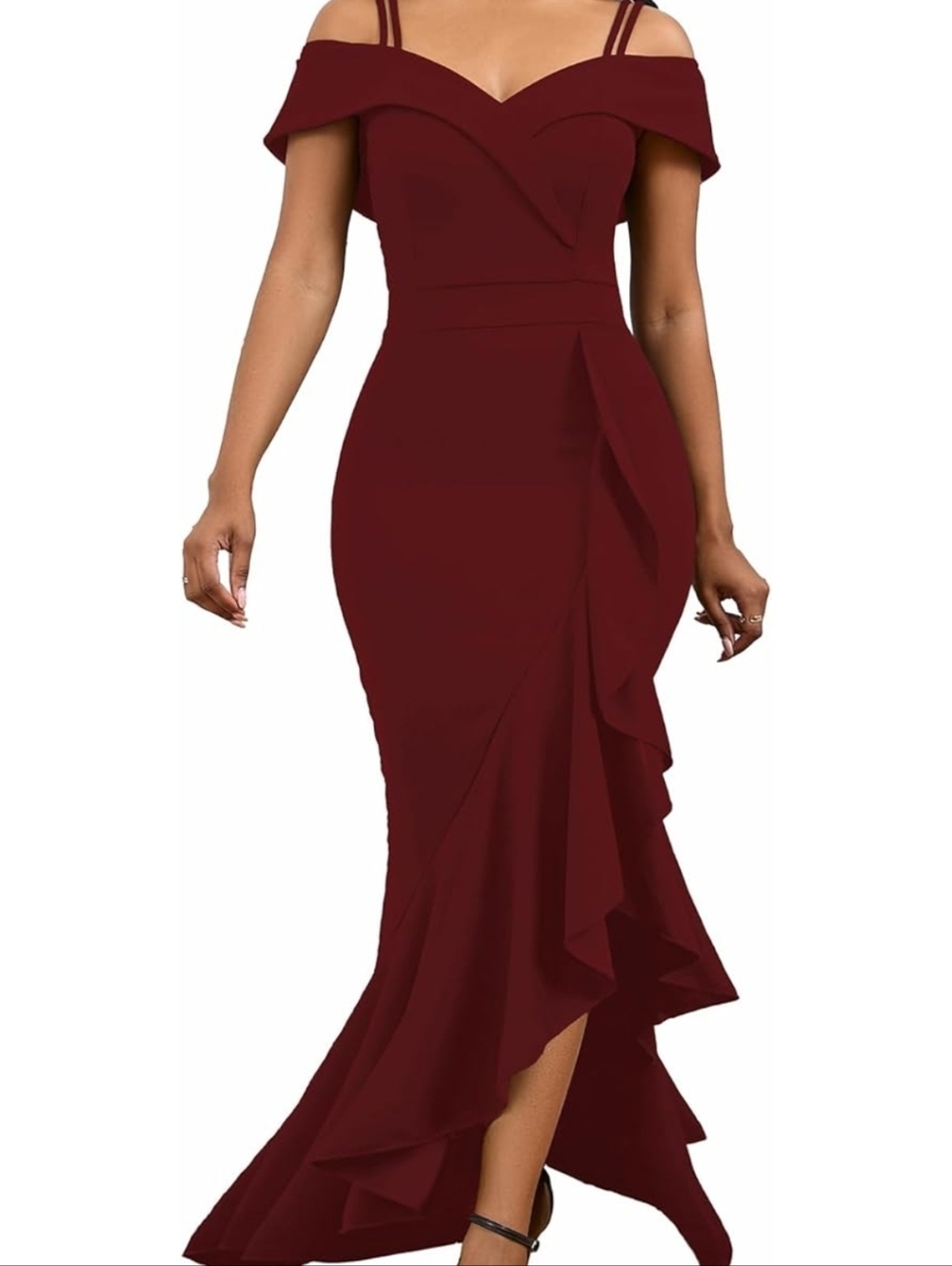 Off-Shoulder Ruffle Hem Evening Dress - Burgundy